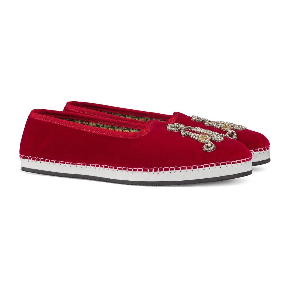 Gucci Men's Velvet Loafer With Am Appliqué In Red NEW IN BOX